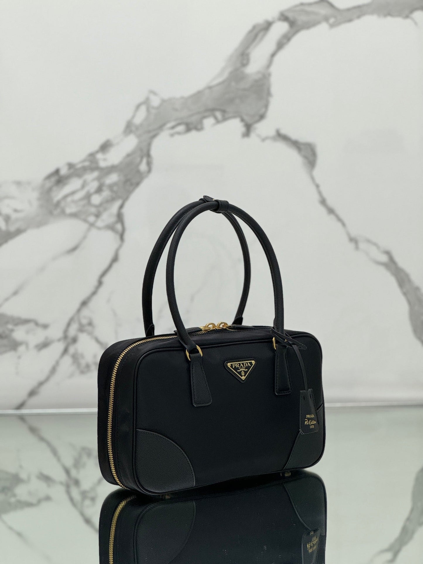 PRADA MEDIUM TOP HANDLE BAG 30 IN BLACK NYLON AND CALFSKIN TRIM