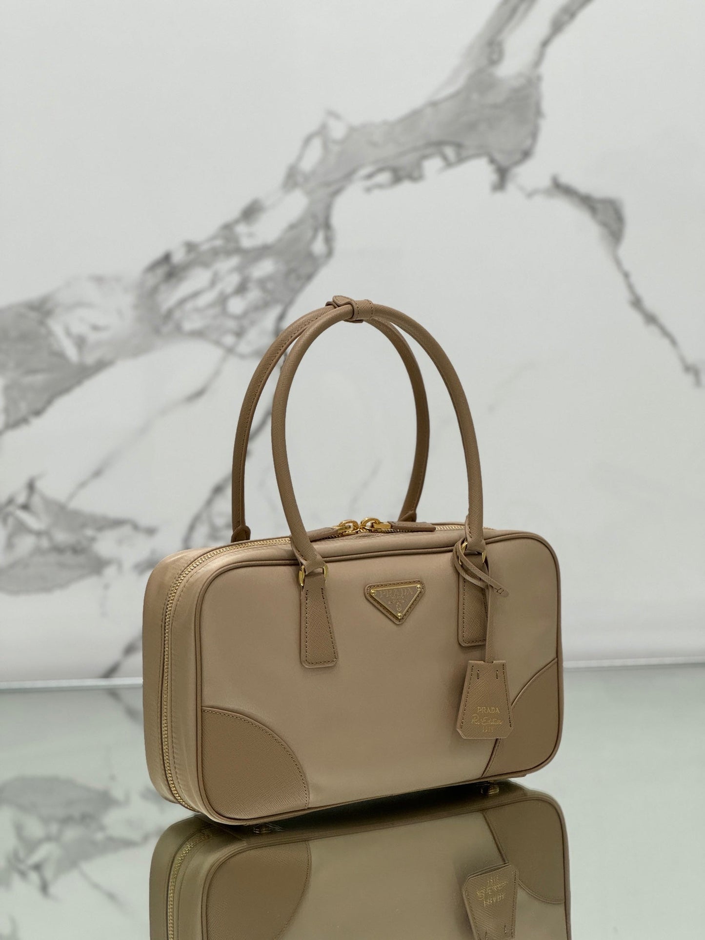 PRADA LARGE TOP HANDLE BAG 35 IN DRIED MOSS NYLON AND CALFSKIN TRIM
