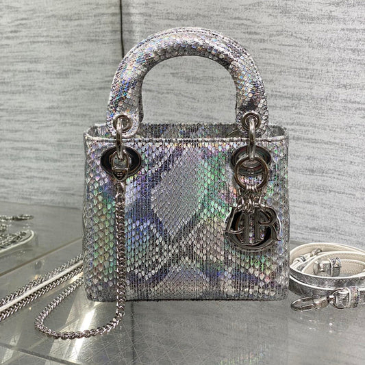 DIOR MINI 17 LADY BAG IN SILVER SNAKESKIN PATTERN LAMBSKIN