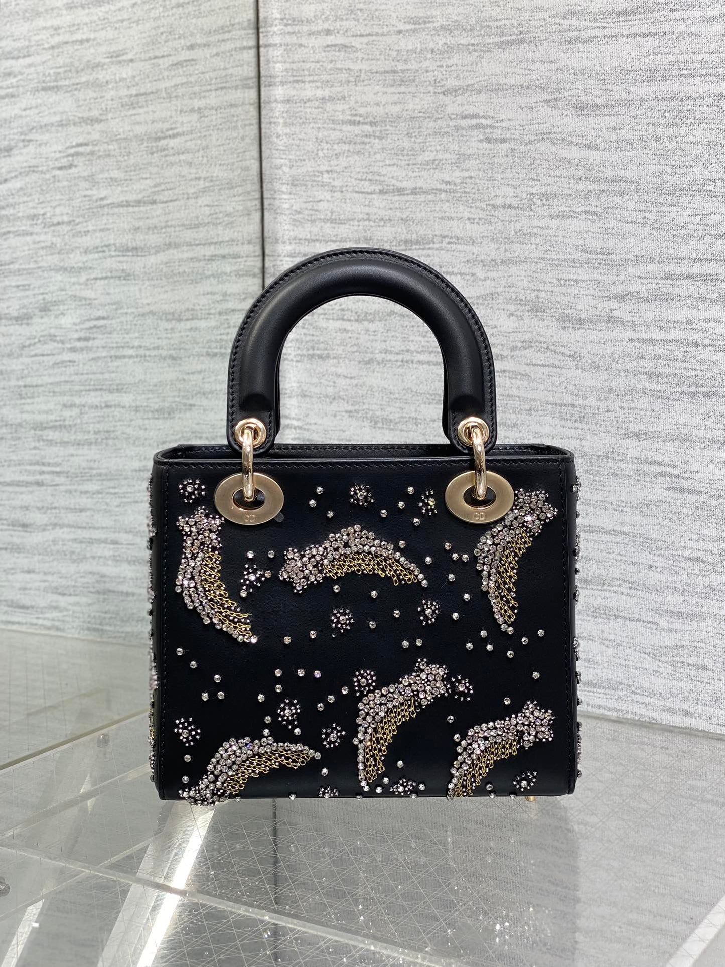 DIOR SMALL 20 BAG BLACK LAMBSKIN WITH SHOOTING STAR EMBROIDERY WOMEN