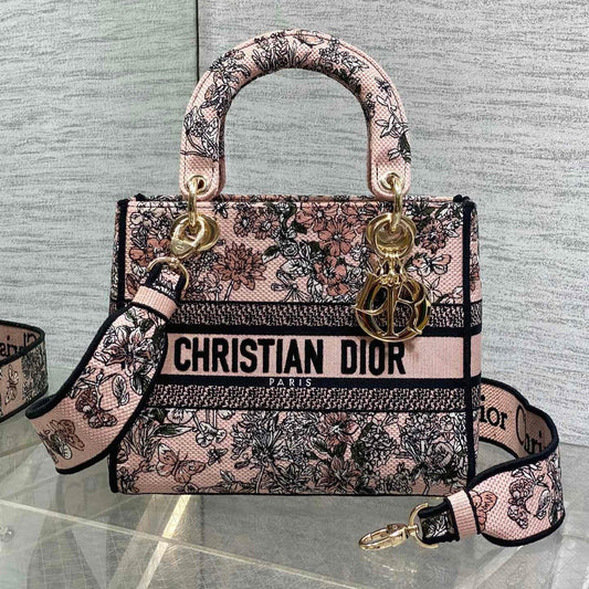 DIOR 25S SMALL LADY D-LITE BAG 24 IN PINK  FLOWERS CALENDAR ALLOVER EMBROIDERY