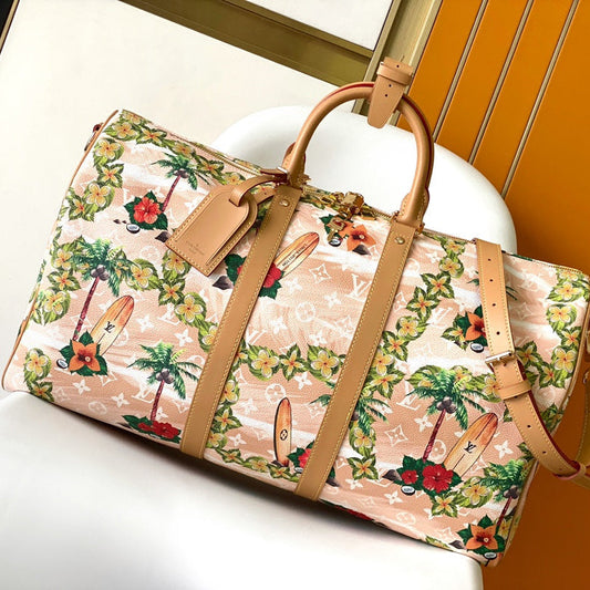 LOUIS VUITTON KEEPALL BANDOULIÈRE 50 IN SAND TROPICAL MOTIFS MONOGRAM SURFIN CANVAS