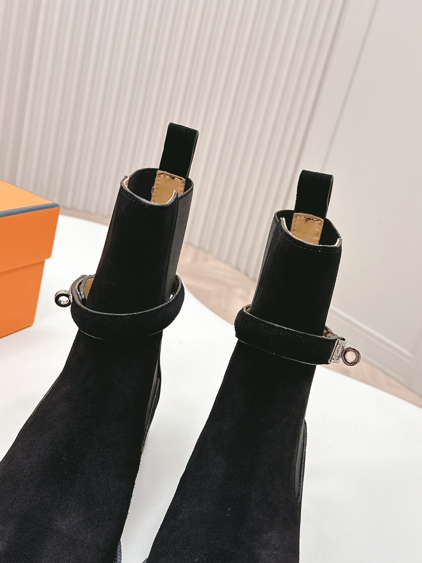 HERMES KELLY BUCKLE SHORT BOOTS IN BLACK SUEDE