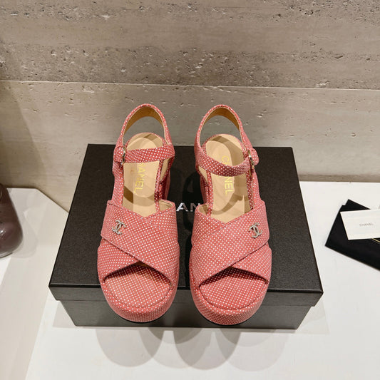 CHANEL Wedge Open-Toe High Heel Sandals Light Pink Sheepskin