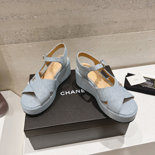 CHANEL Wedge Open-Toe High Heel Sandals Saphire Blue Sheepskin