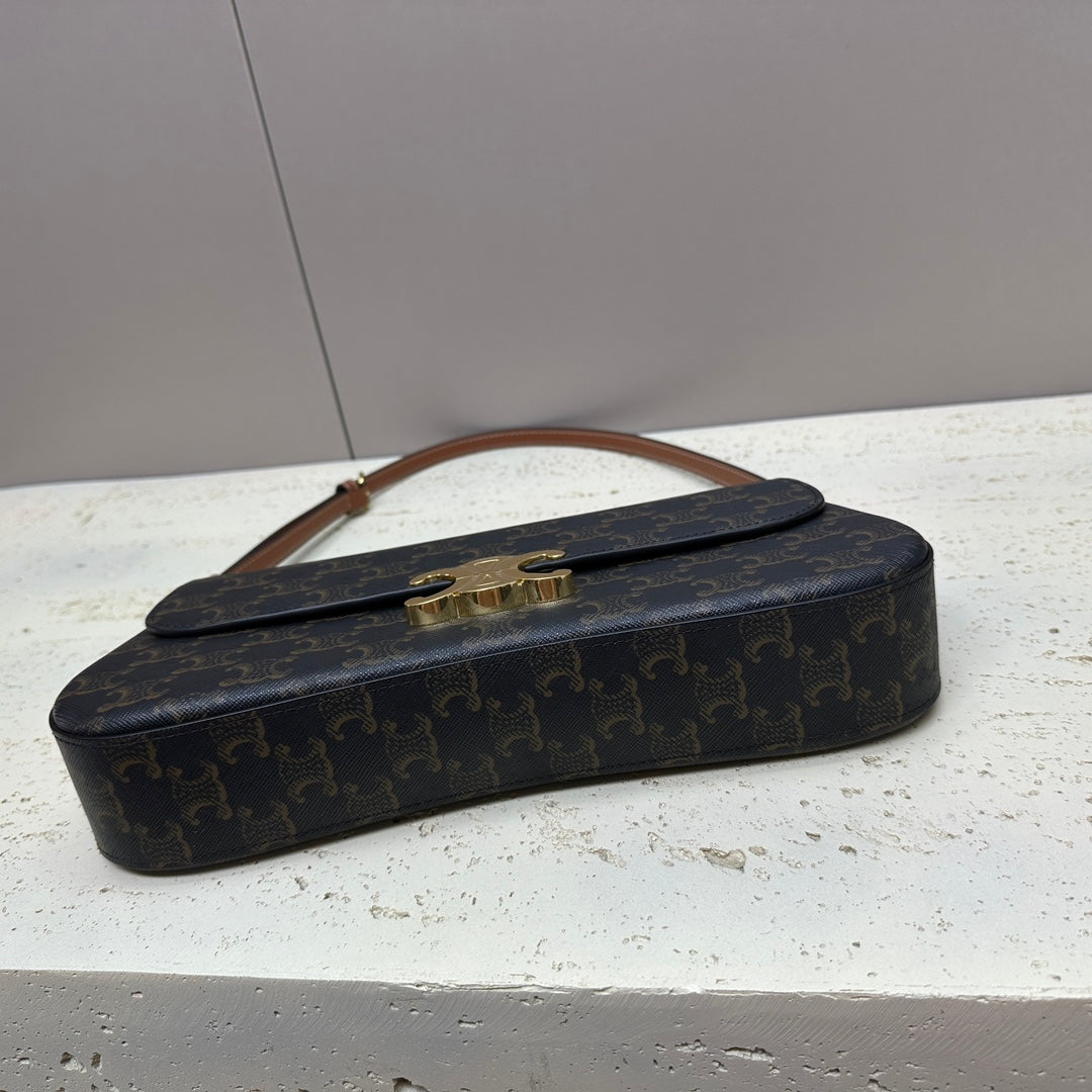 CELINE LOLA BAGUETTE BAG 28 IN DARK BROWN MONOGRAM CANVAS AND CALFSKIN