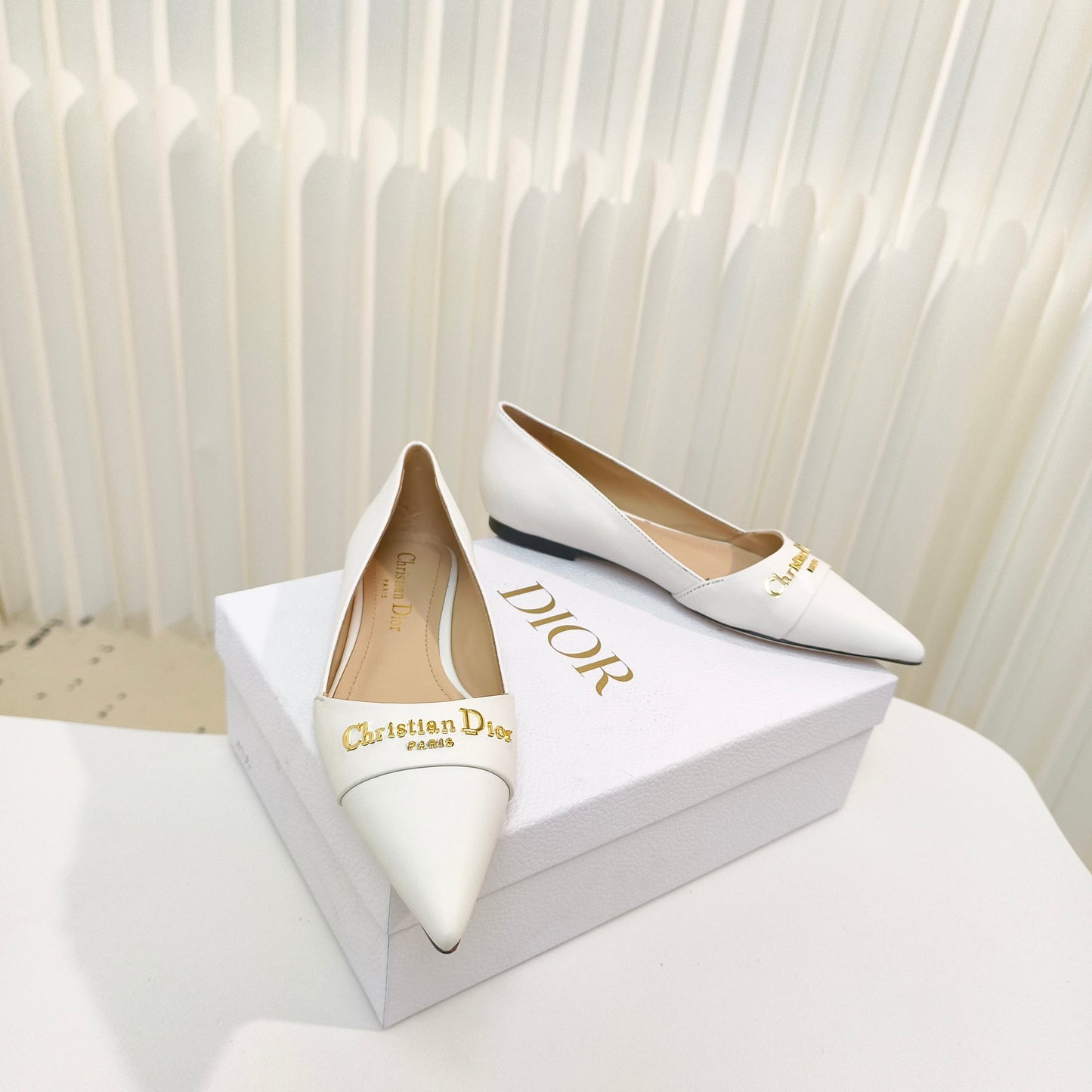 DIOR POINTED BALLET FLATS 25S IN WHITE CALFSKIN WITH GOLD HARDWARE