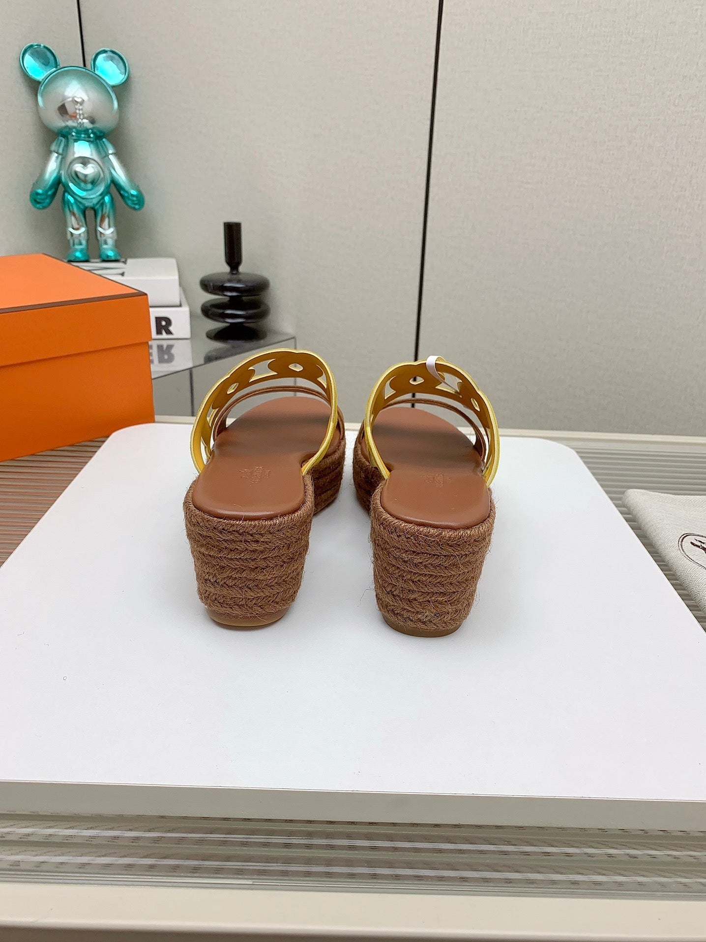 HERMES ITHEA 85 MM ESPADRILLE IN BRONZE BROWN AND AMBER YELLOW SUEDE