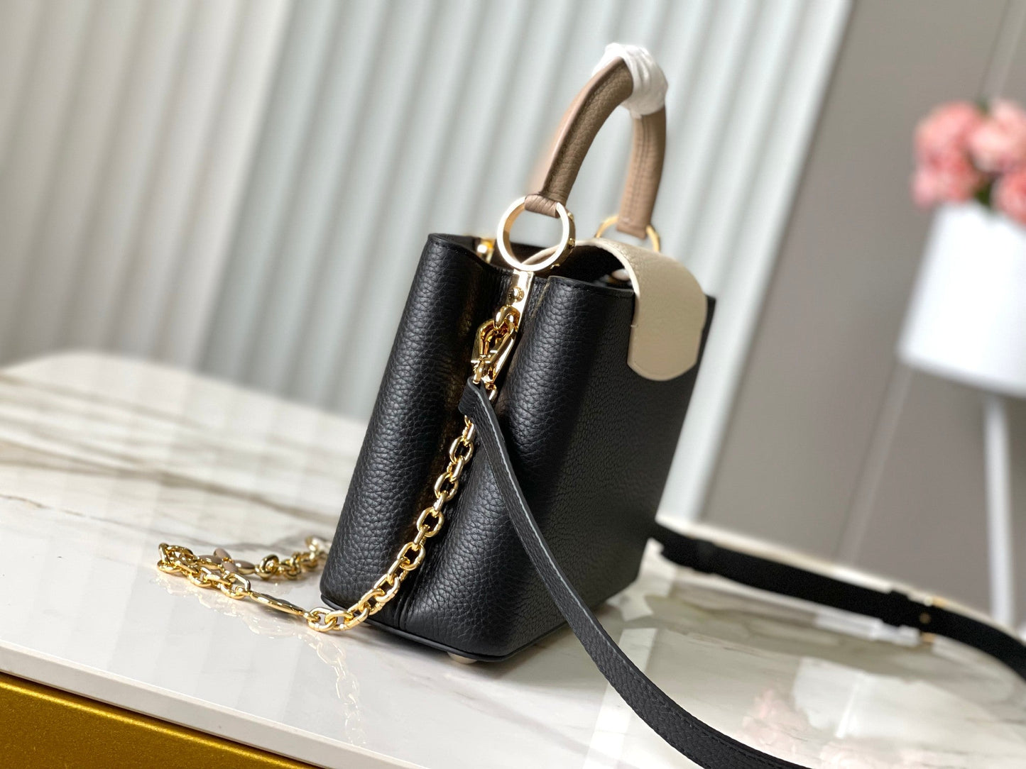 LOUIS VUITTON CAPUCINES BB 27 IN BLACK MIX WHITE TAURILLON GOLD HARDWARE