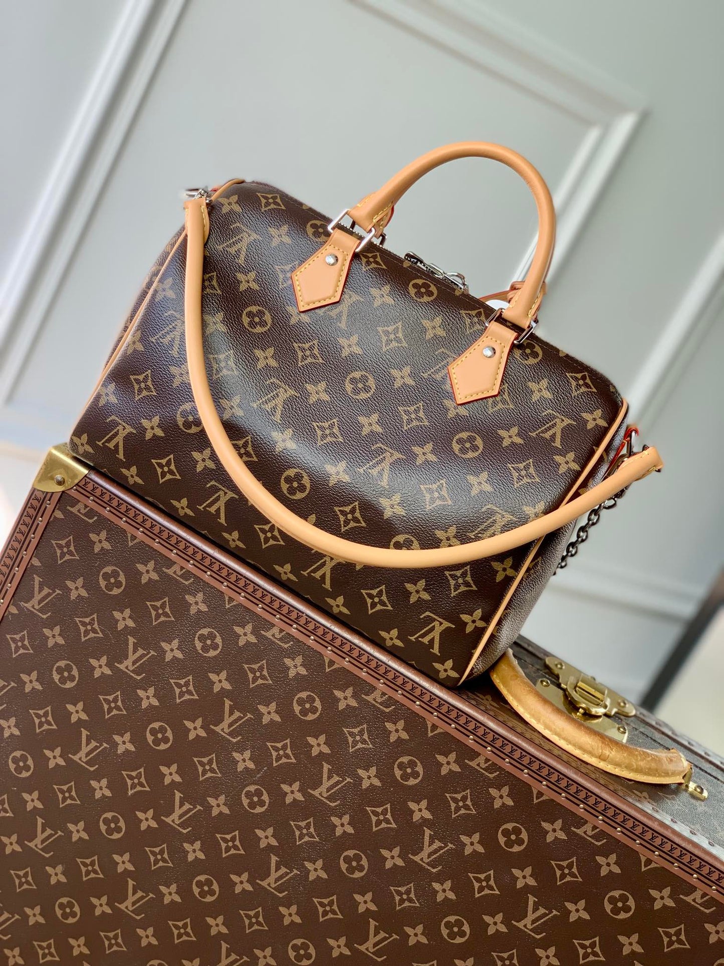 LOUIS VUITTON SPEEDY SOFT CRAFTY 30 IN BROWN LV MONOGRAM CALFSKIN RED TAG