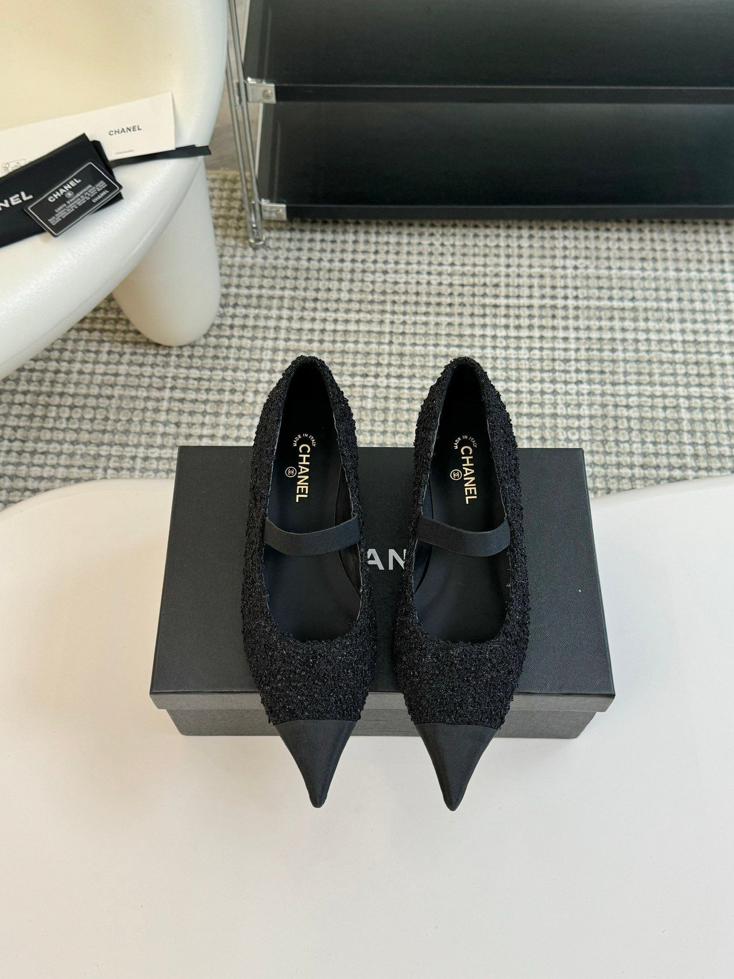 CHANEL MARY JANE IN BLACK WOOL TWEED AND SATIN