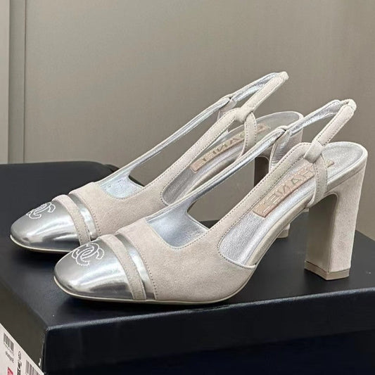 CHANEL HIGH SLINGBACKS IN GREY SUEDE AND SILVER LAMBSKIN