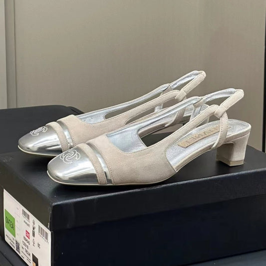 CHANEL SLINGBACKS IN GREY SUEDE AND SILVER LAMBSKIN