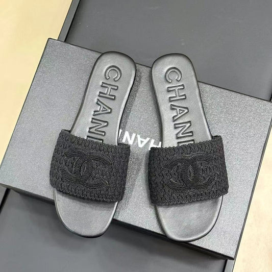 CHANEL WOVEN SLIPPERS BLACK COWHIDE SOLE