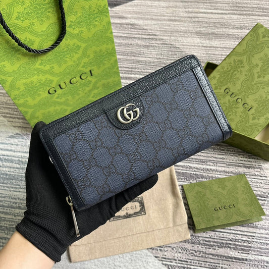 GUCCI OPHIDIA  19 ZIP AROUND WALLET DARK BLUE CANVAS AND BLACK CALFSKIN