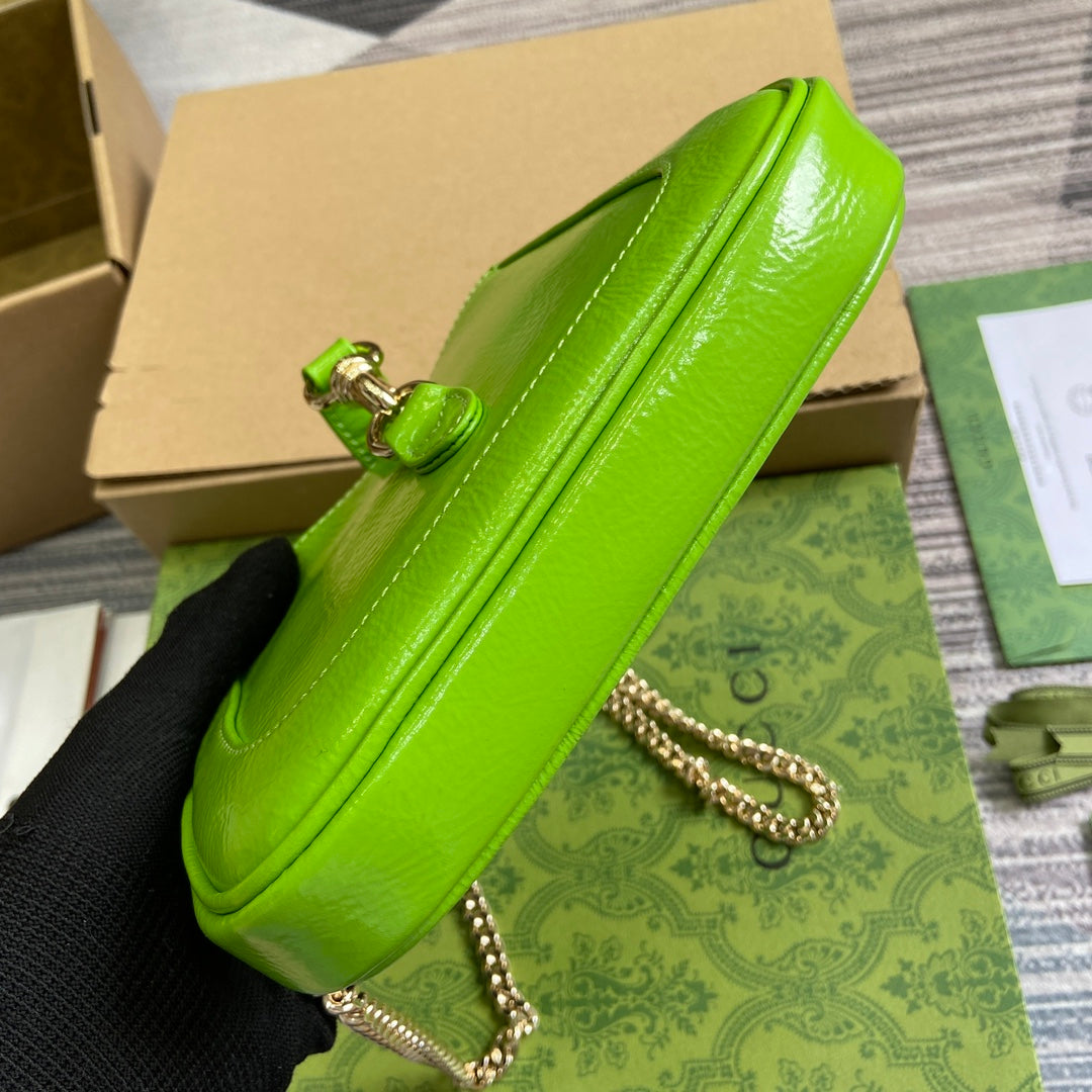 GUCCI JACKIE NOTTE MINI BAG 19 IN LIME GREEN CRACKED LACQUER CALFSKIN GOLD HARDWARE