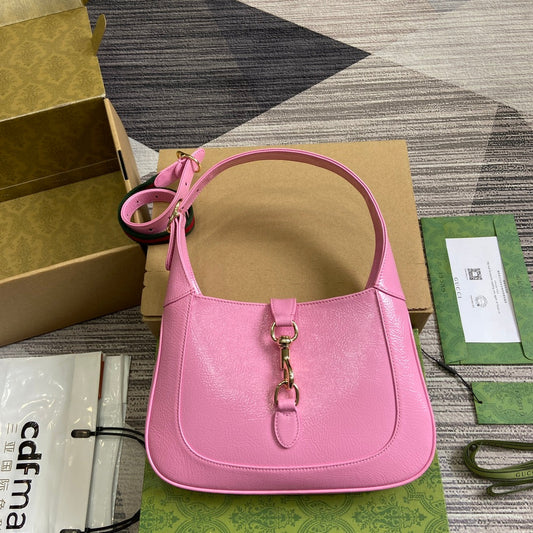 GUCCI JACKIE SMALL SHOULDER BAG 27 IN PINK CRACKED LACQUER CALFSKIN GOLD HARDWARE