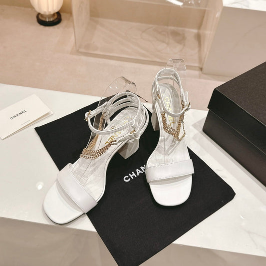 CHANEL Double C Leather High Heel Sandals White