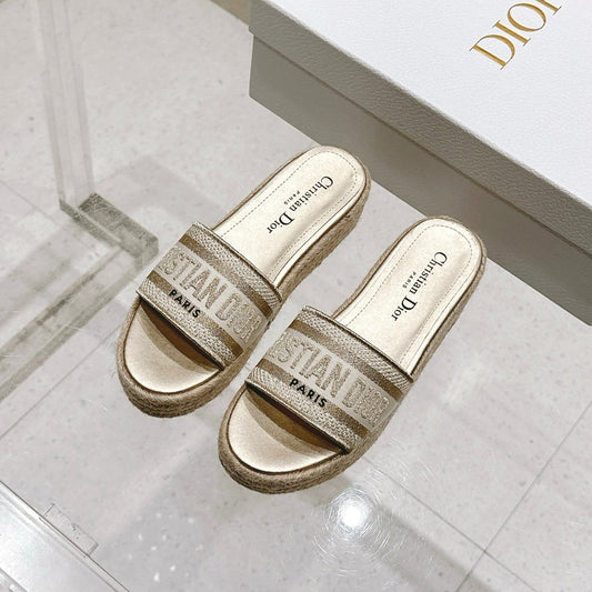 DIOR DWAY WEDGE SLIDES 45MM IN WARM GREIGE FABRIC RAFFIA SOLE