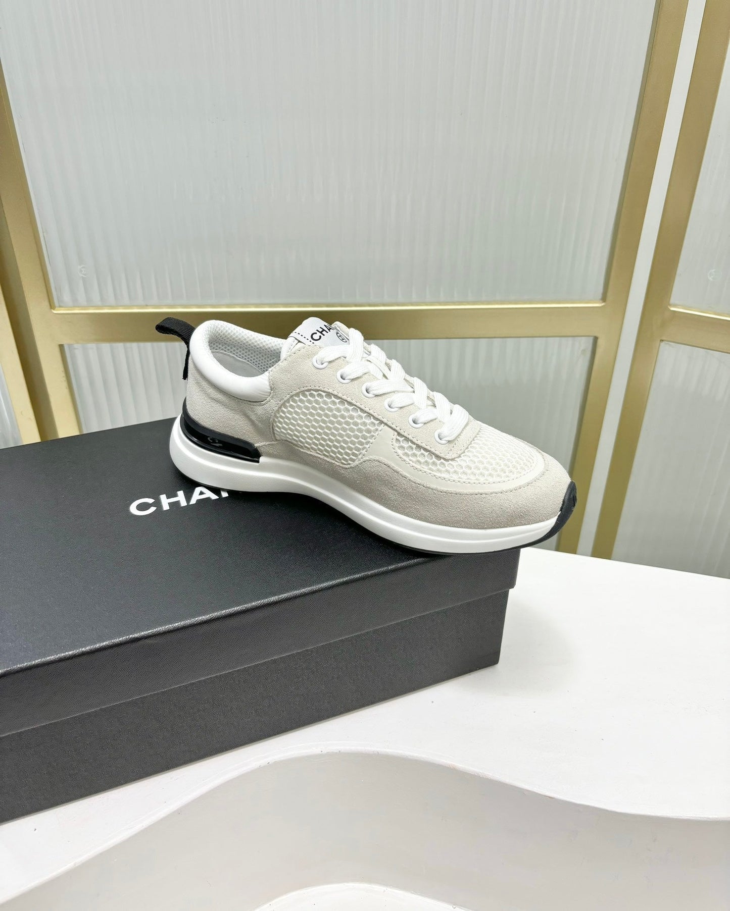 CHANEL SNEAKER IN GREY SUEDE AND WHITE BREATHABLE MESH