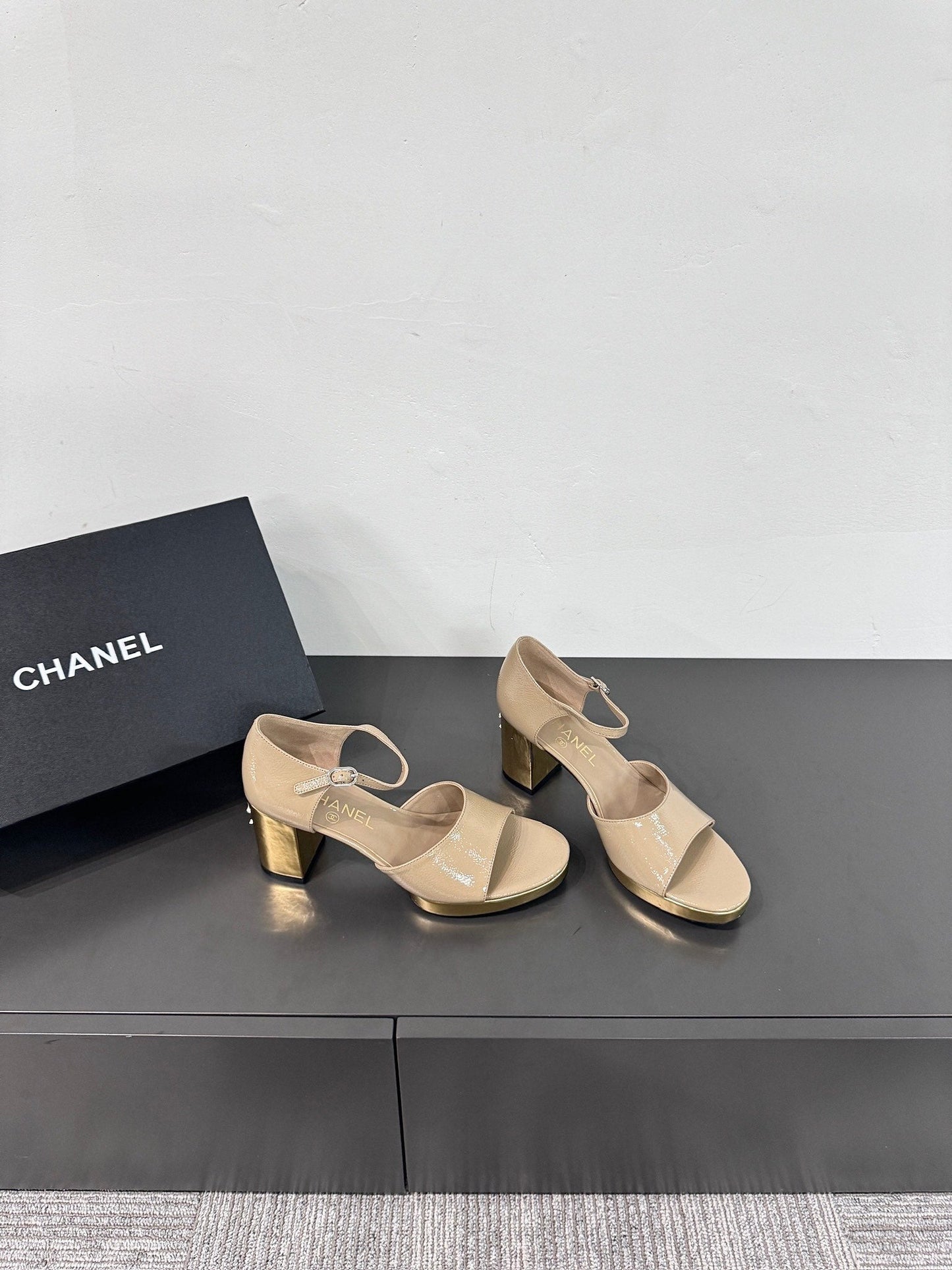 CHANEL BLOCK HEEL SANDALS BEIGE SHEEPSKIN