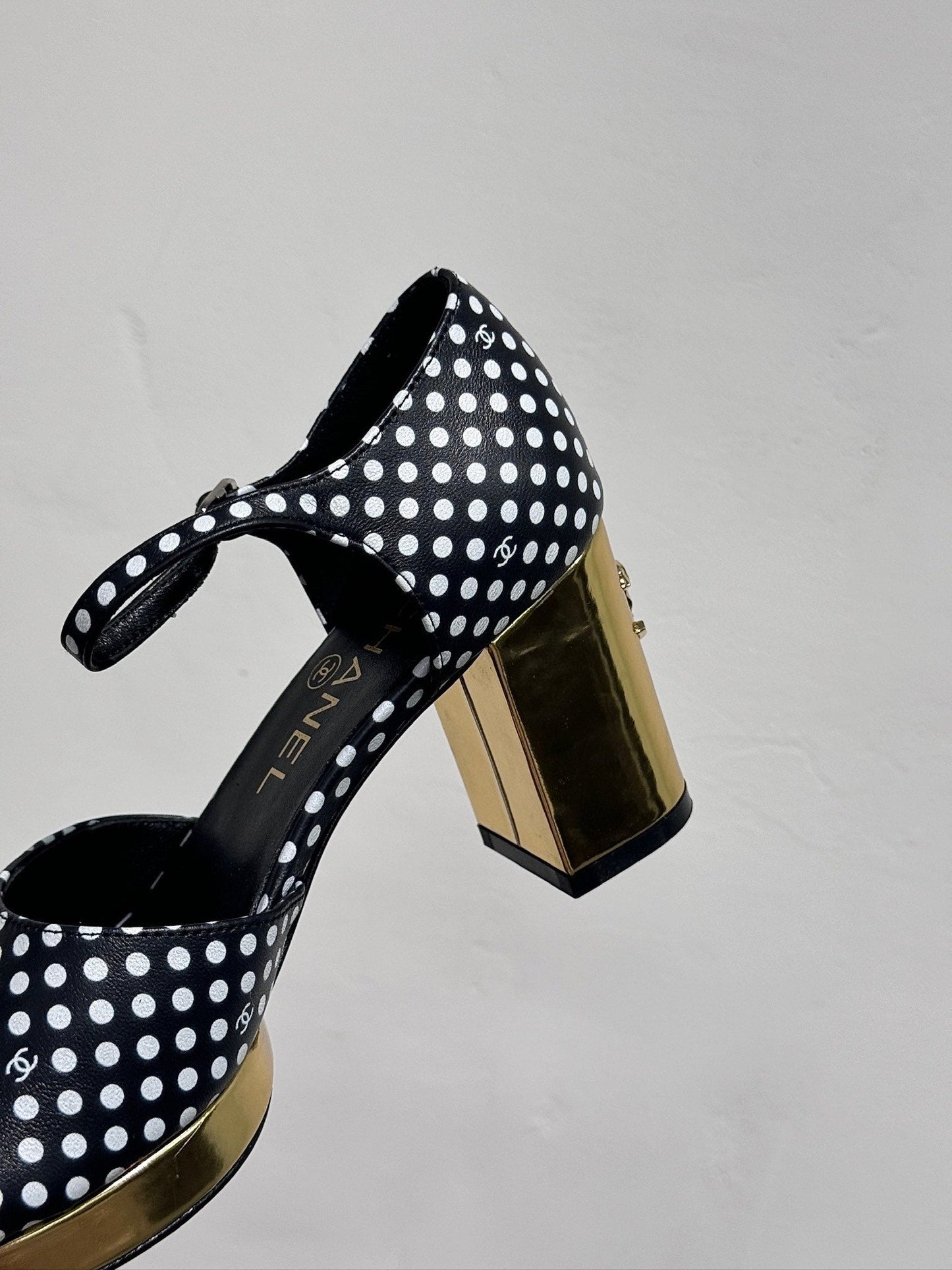 CHANEL BLOCK HEEL SANDALS BLACK POLKA DOT SHEEPSKIN