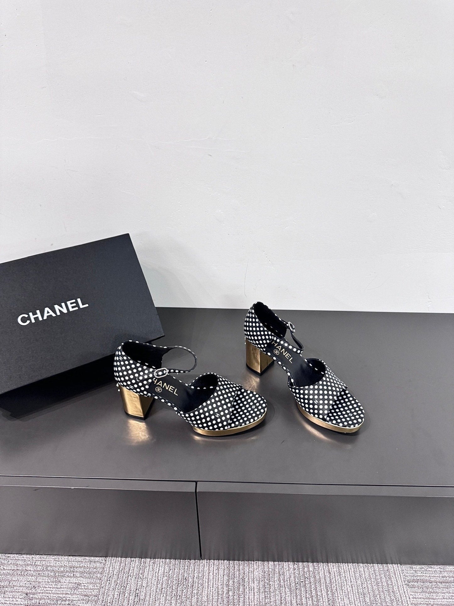 CHANEL BLOCK HEEL SANDALS BLACK POLKA DOT SHEEPSKIN