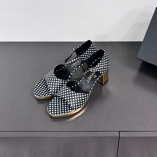 CHANEL BLOCK HEEL SANDALS BLACK POLKA DOT SHEEPSKIN