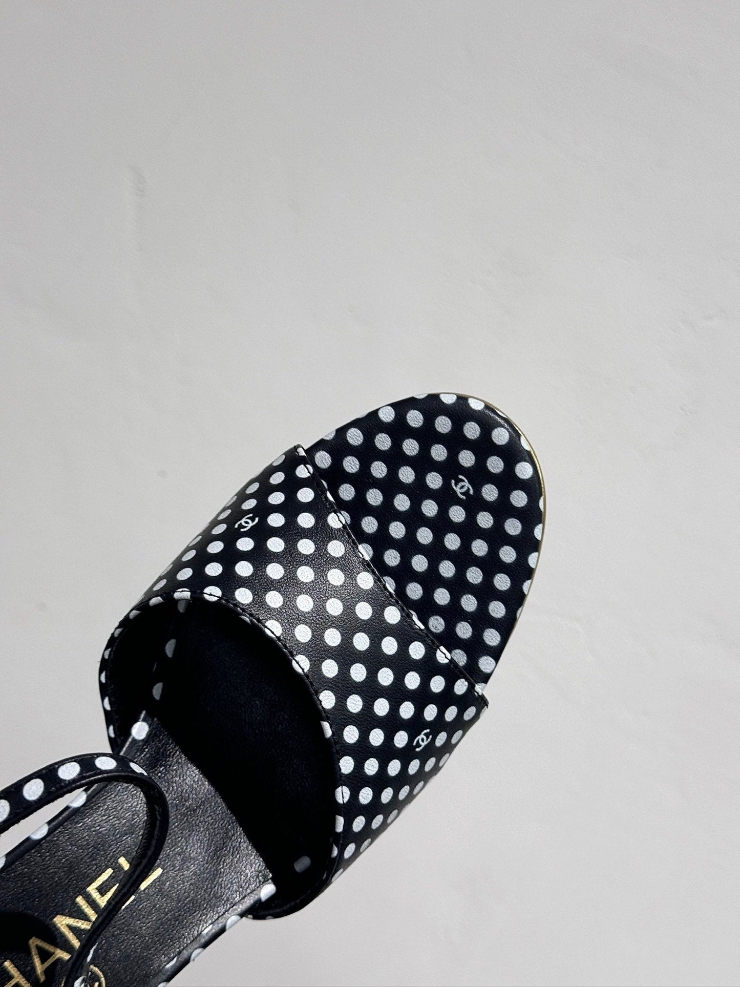 CHANEL BLOCK HEEL SANDALS BLACK POLKA DOT SHEEPSKIN