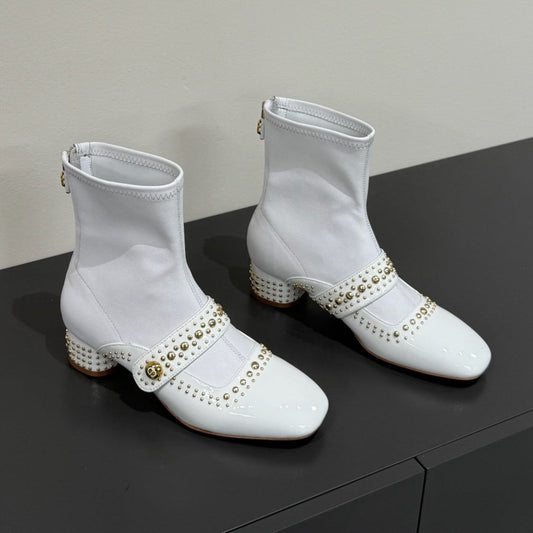 DIOR BELLE-D HEELED ANKLE BOOT WHITE PATENT CALFSKIN