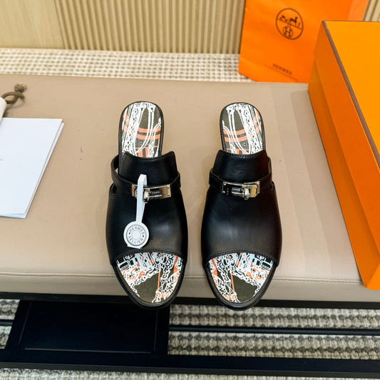 HERMES HEDEN MULE 80 BLACK CALFSKIN WITH PATTERN