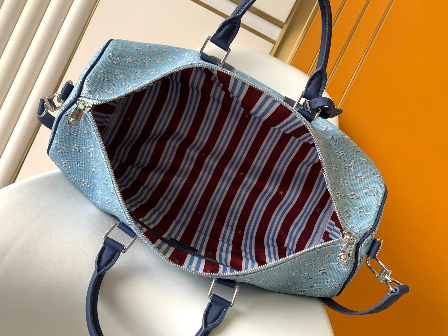 LOUIS VUITTON LV 25S KEEPALL BANDOULIÈRE BAG 50 IN BLUE MONOGRAM HERITAGE CALFSKIN