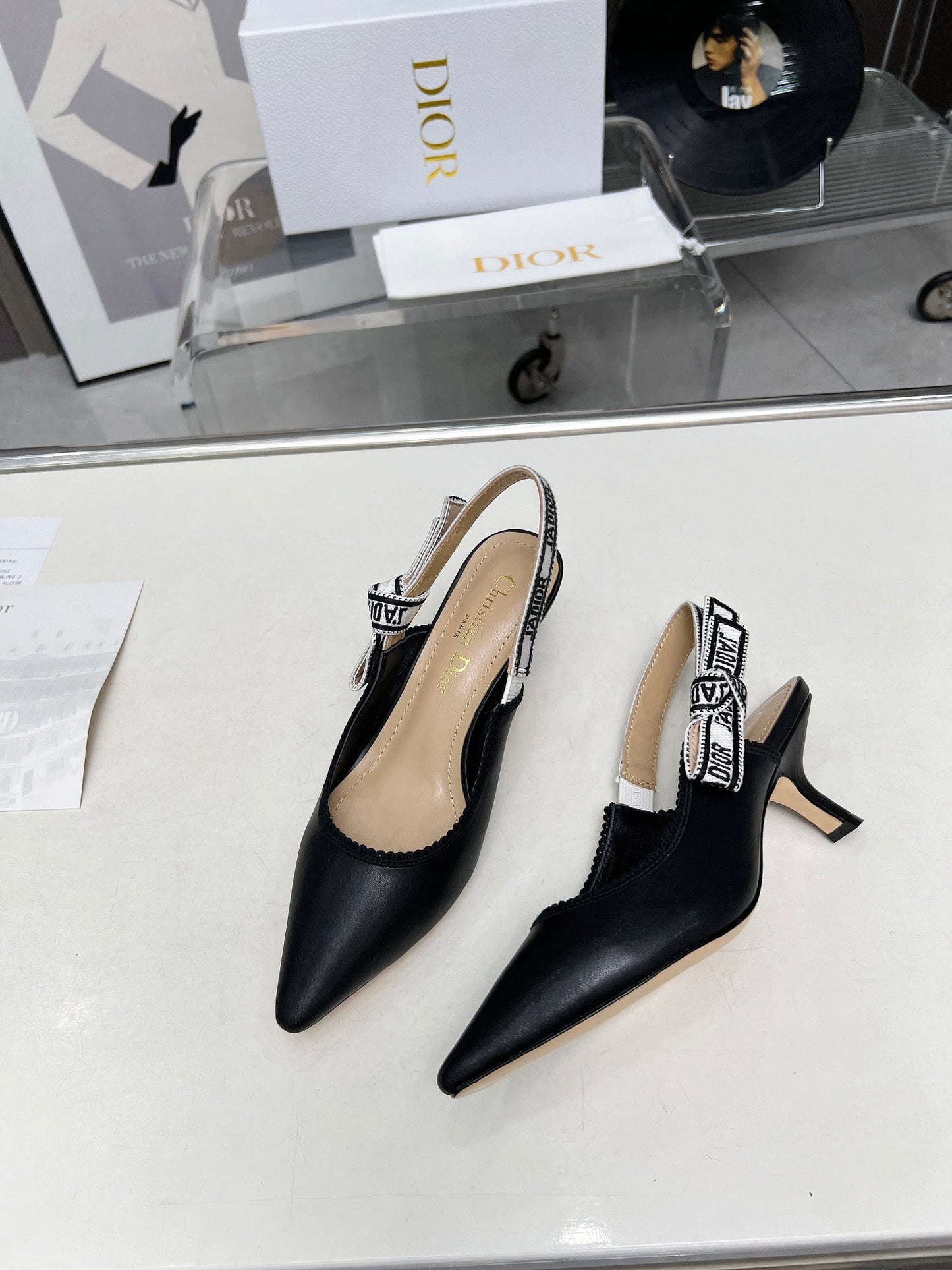DIOR J'A SLINGBACK PUMP BLACK CALFSKIN AND EMBROIDERED FABRIC 65 MM