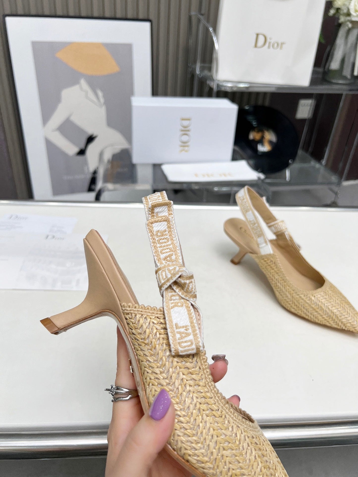 DIOR J'A SLINGBACK PUMP NATURAL RAFFIA AND BEIGE EMBROIDERED COTTON 65 MM