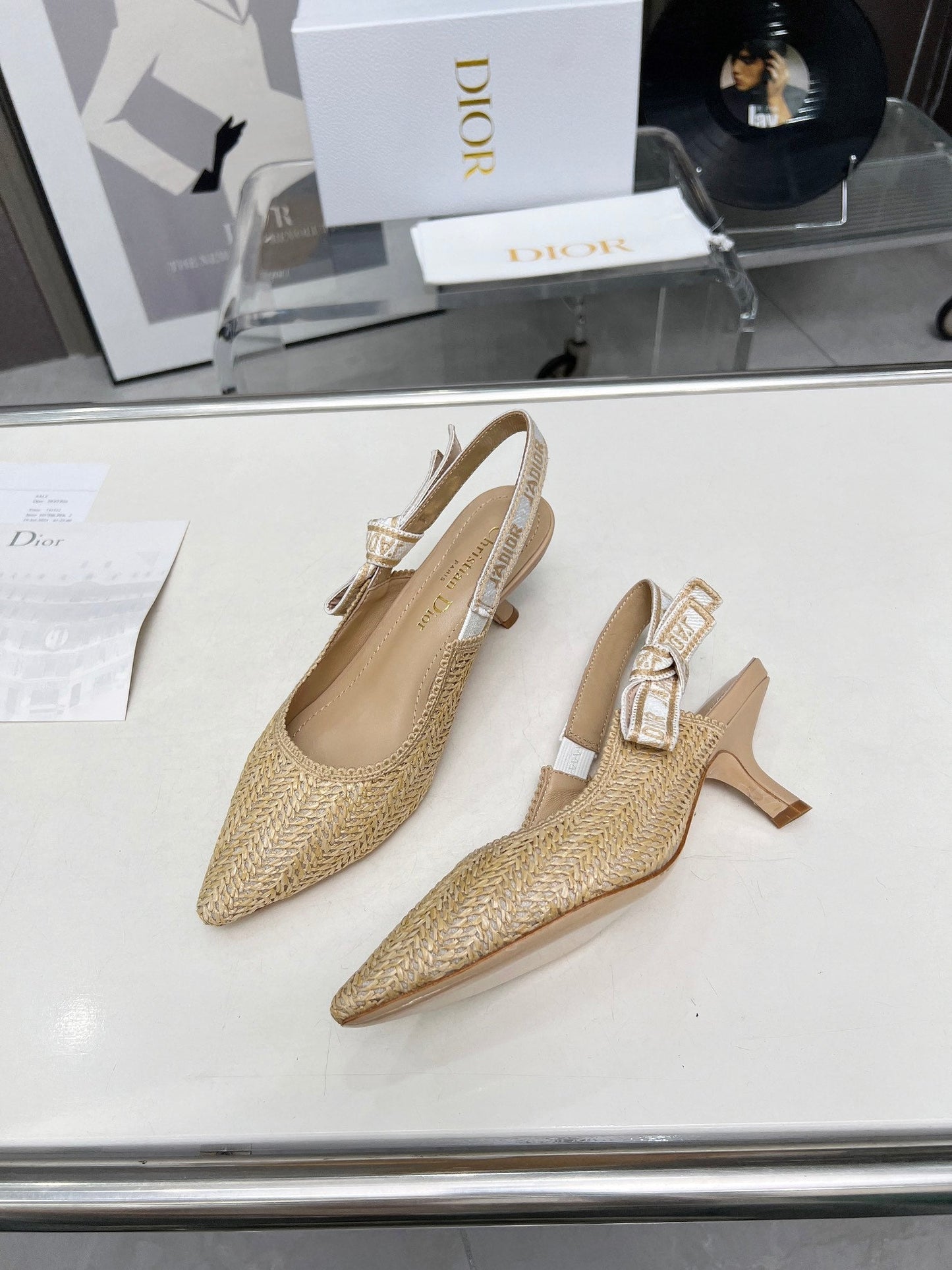 DIOR J'A SLINGBACK PUMP NATURAL RAFFIA AND BEIGE EMBROIDERED COTTON 65 MM