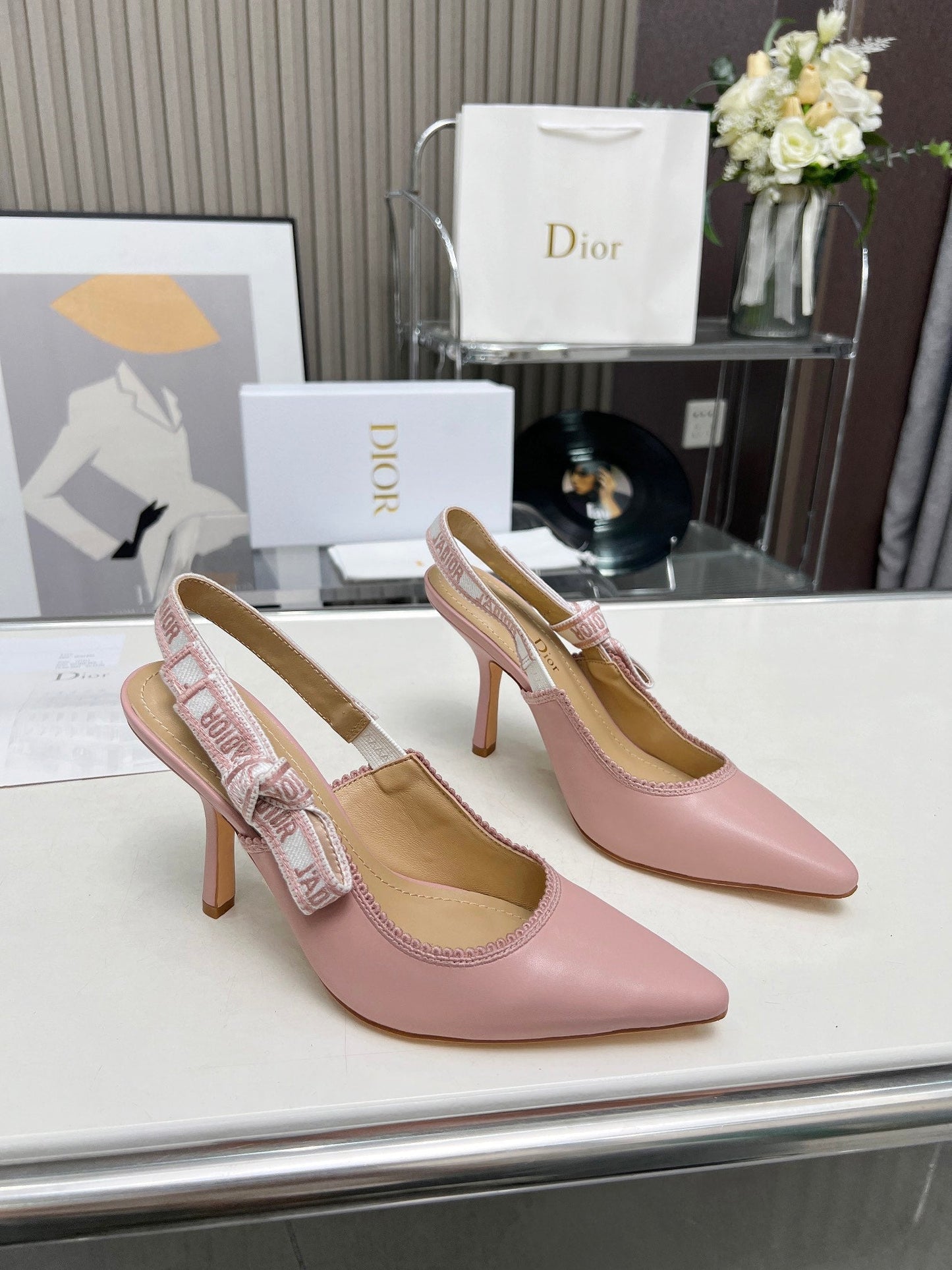 DIOR J'A SLINGBACK PUMP LIGHT PINK CALFSKIN AND EMBROIDERED FABRIC 10 CM
