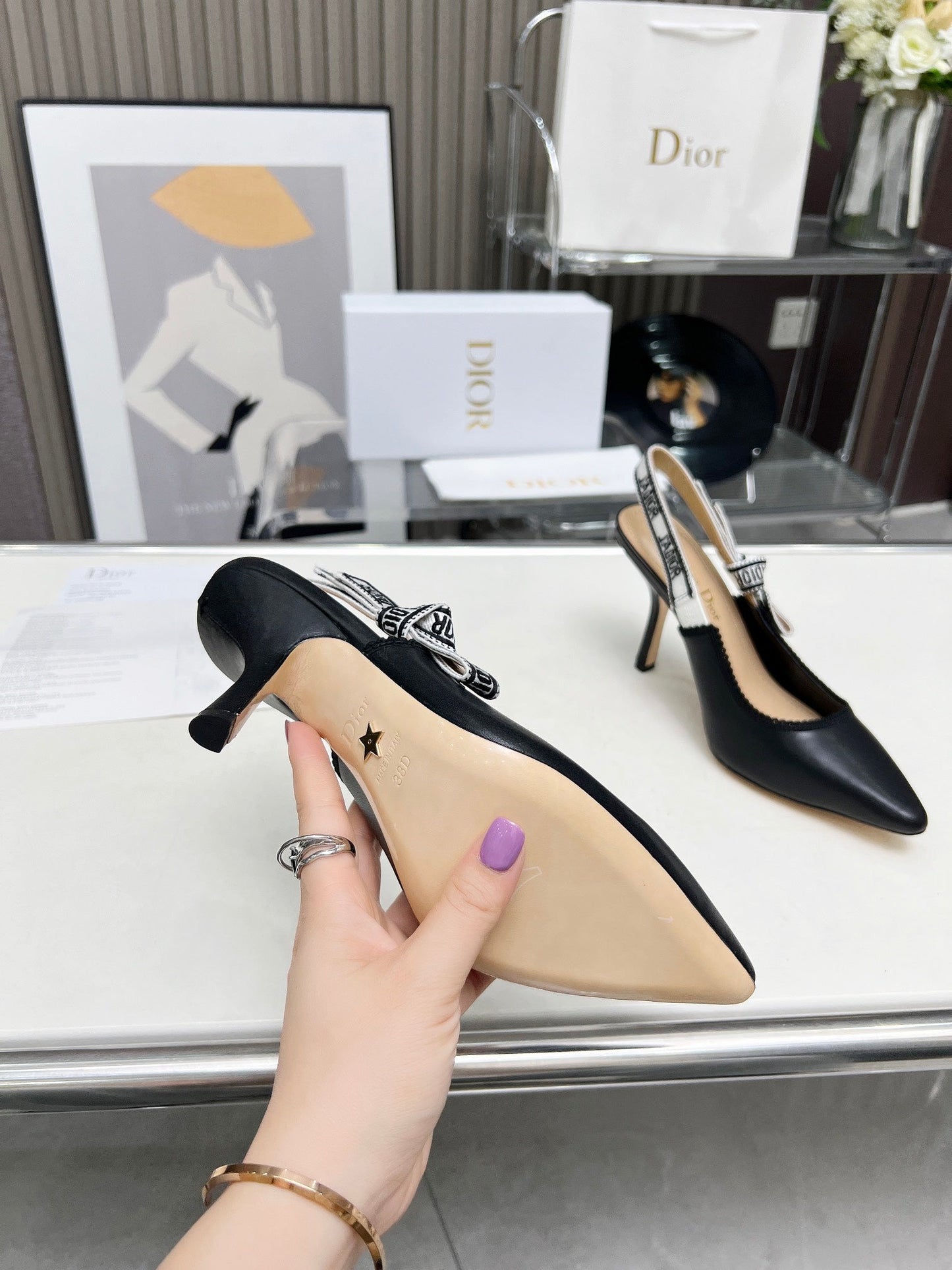 DIOR J'A SLINGBACK PUMP BLACK CALFSKIN AND BLACK EMBROIDERED FABRIC 10 CM