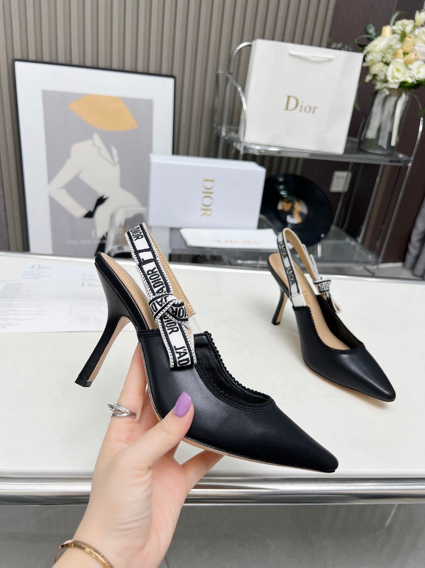 DIOR J'A SLINGBACK PUMP BLACK CALFSKIN AND BLACK EMBROIDERED FABRIC 10 CM