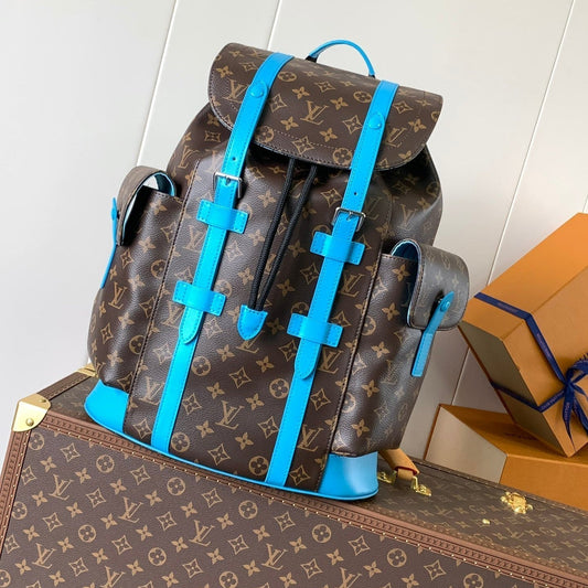 LOUIS VUITTON LV 25S CHRISTOPHER BACKPACK 48 IN BROWN AND CAPRI BLUE CANVAS MONOGRAM