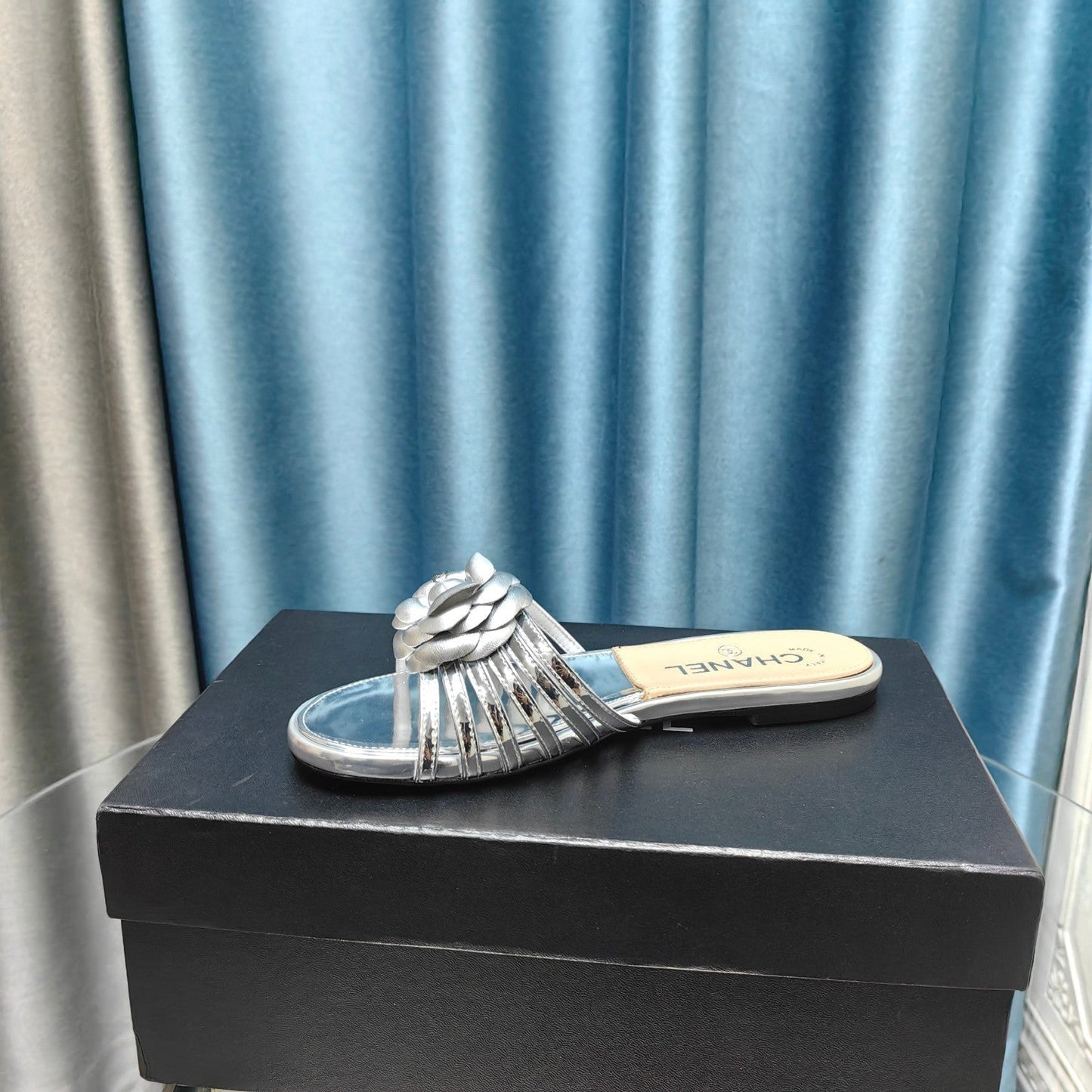 CHANEL Camellia Slide Slippers Silver Lambskin