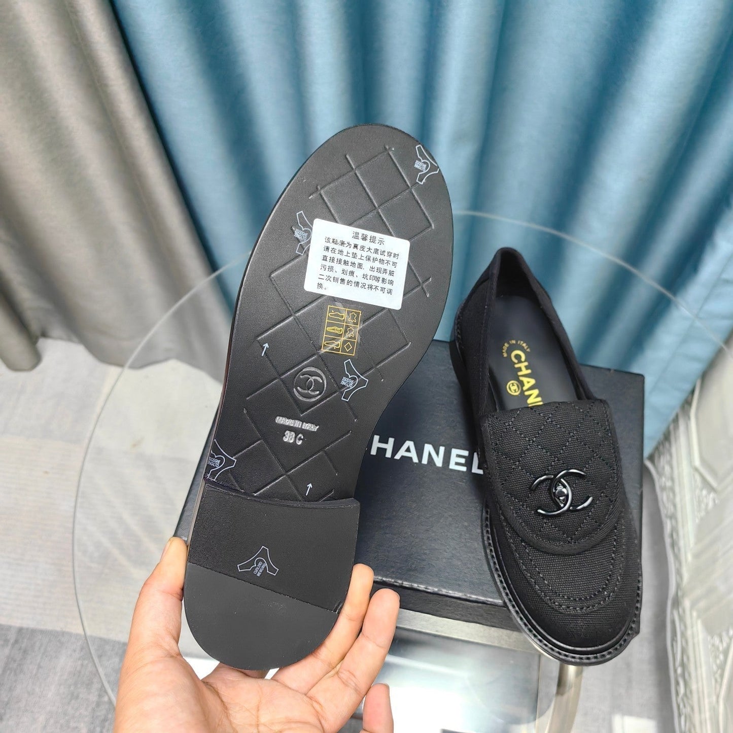 CHANEL MOASINS BLACK QUILTED LAMBSKIN