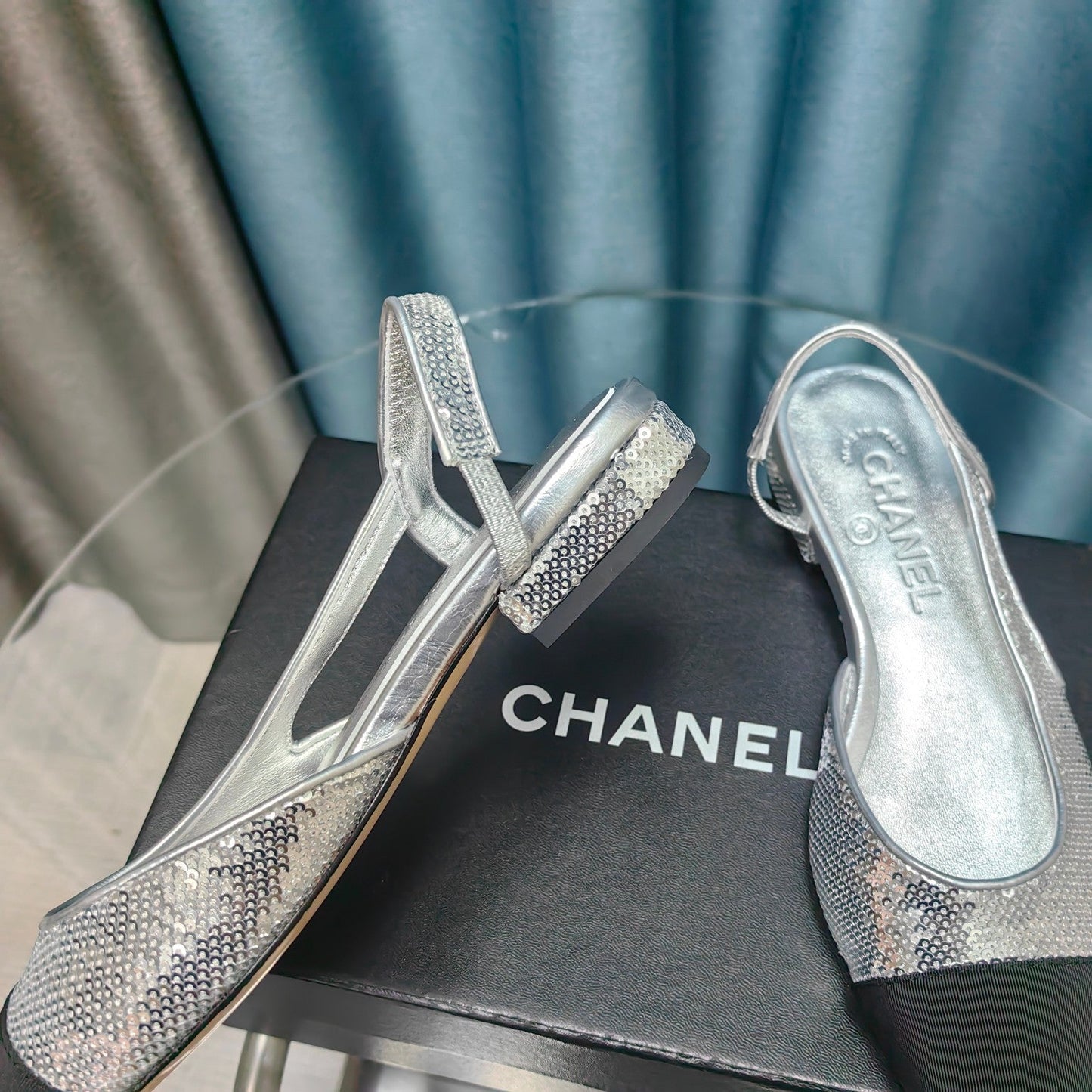 CHANEL SLINGBACKS IN GLITTER SILVER LAMBSKIN