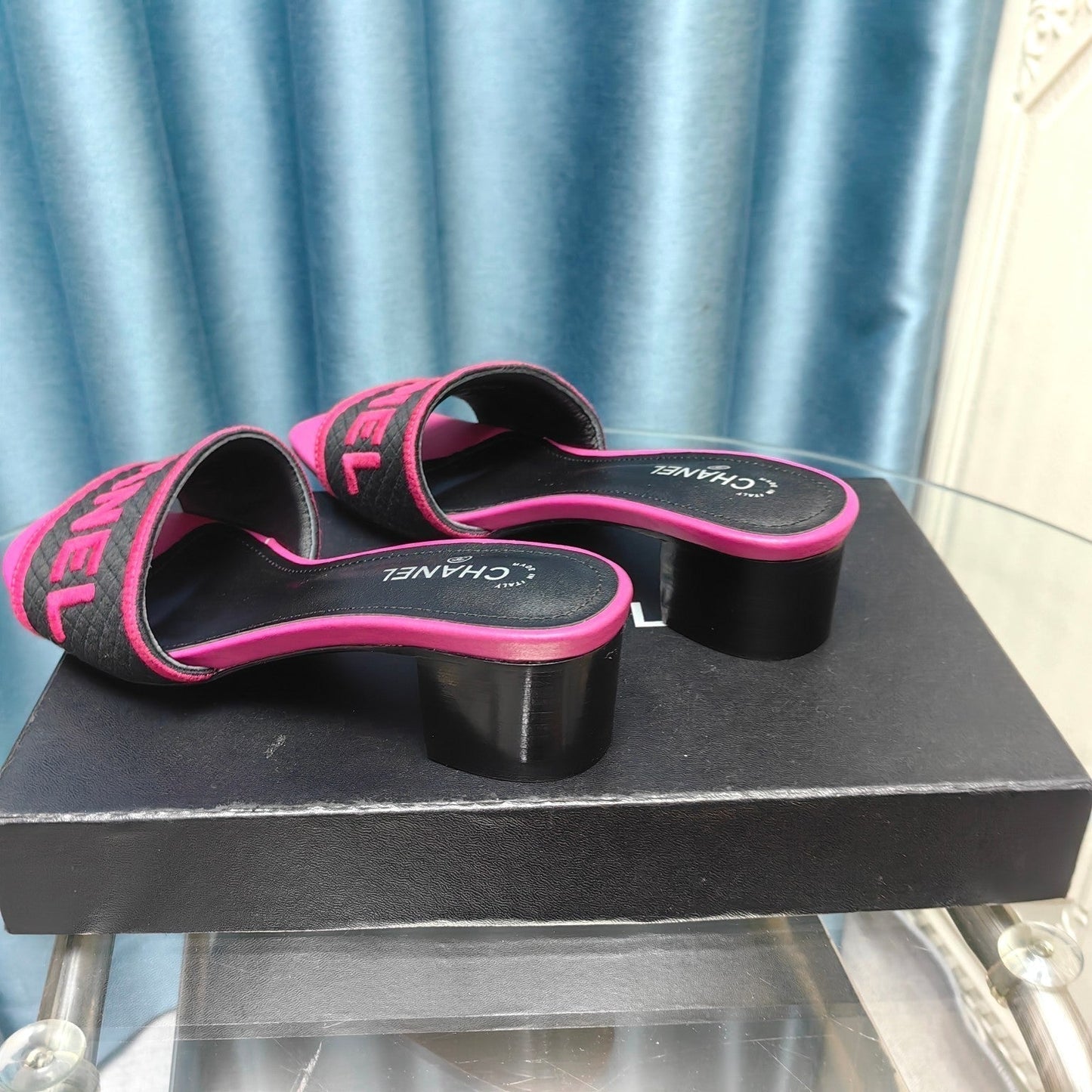 CHANEL MULE SANDAL 45 BLACK PINK FABRIC EMBROIDERY