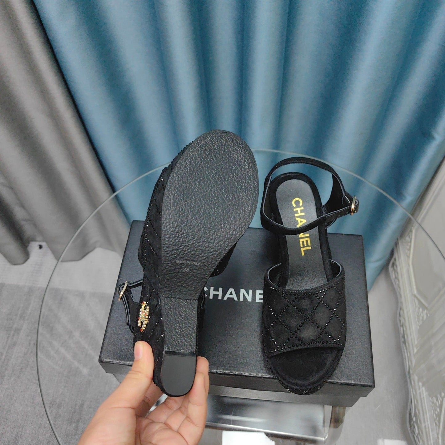 CHANEL THICK-SOLED WEDGE SANDALS IN BLACK SUEDE