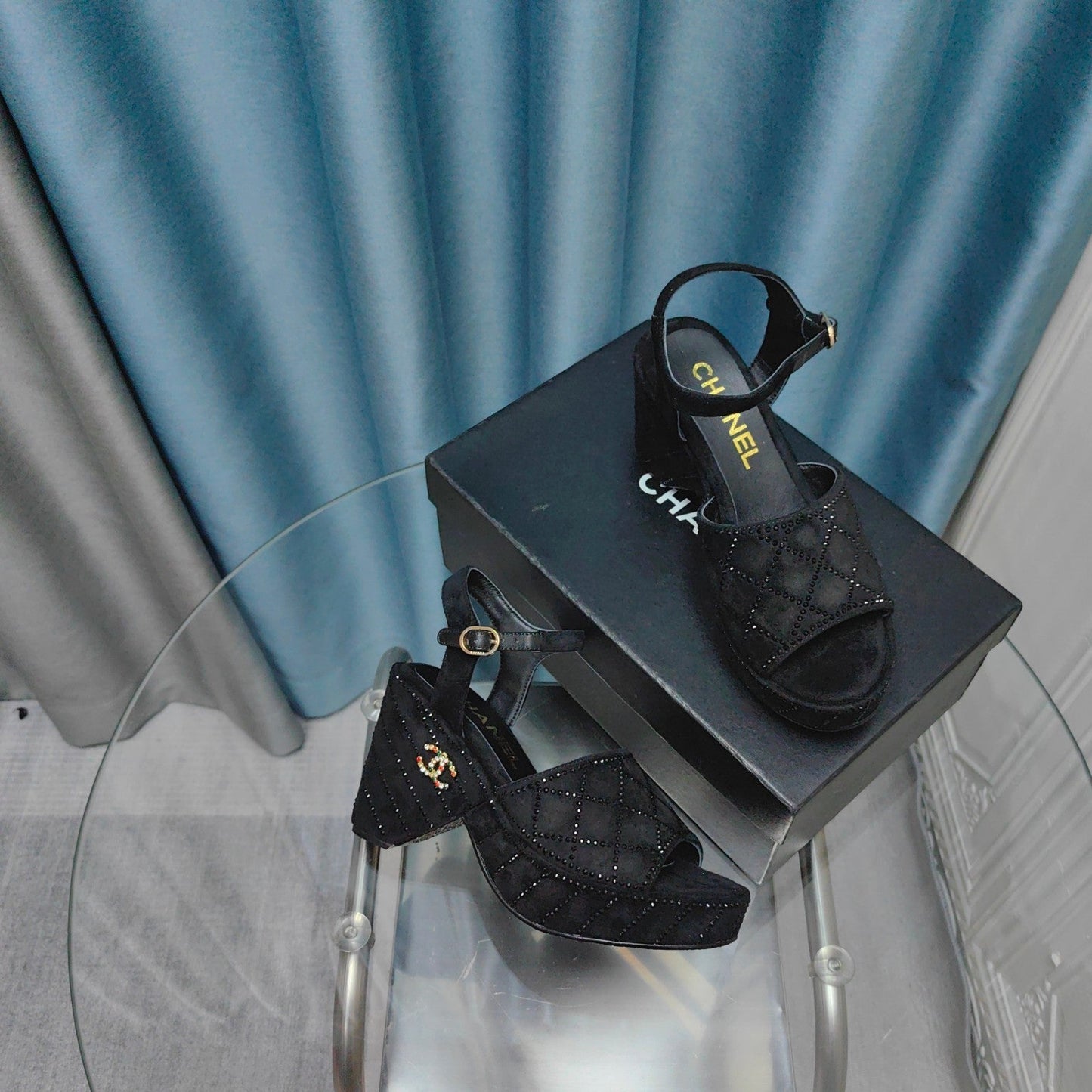 CHANEL THICK-SOLED WEDGE SANDALS IN BLACK SUEDE