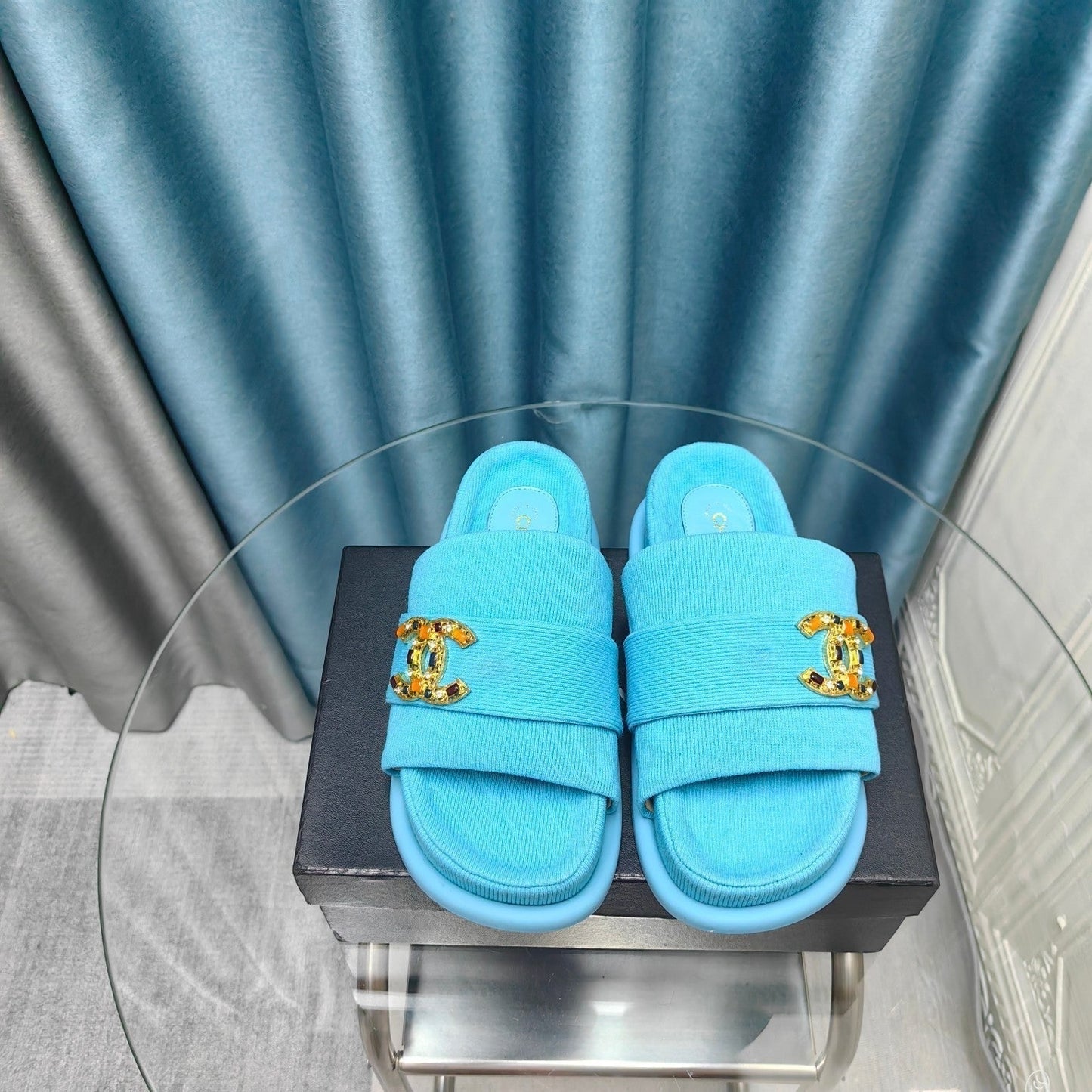 CHANEL PLATFORM HEELS SANDALS IN SAPPHIRE BLUE WOOLEN FABRIC