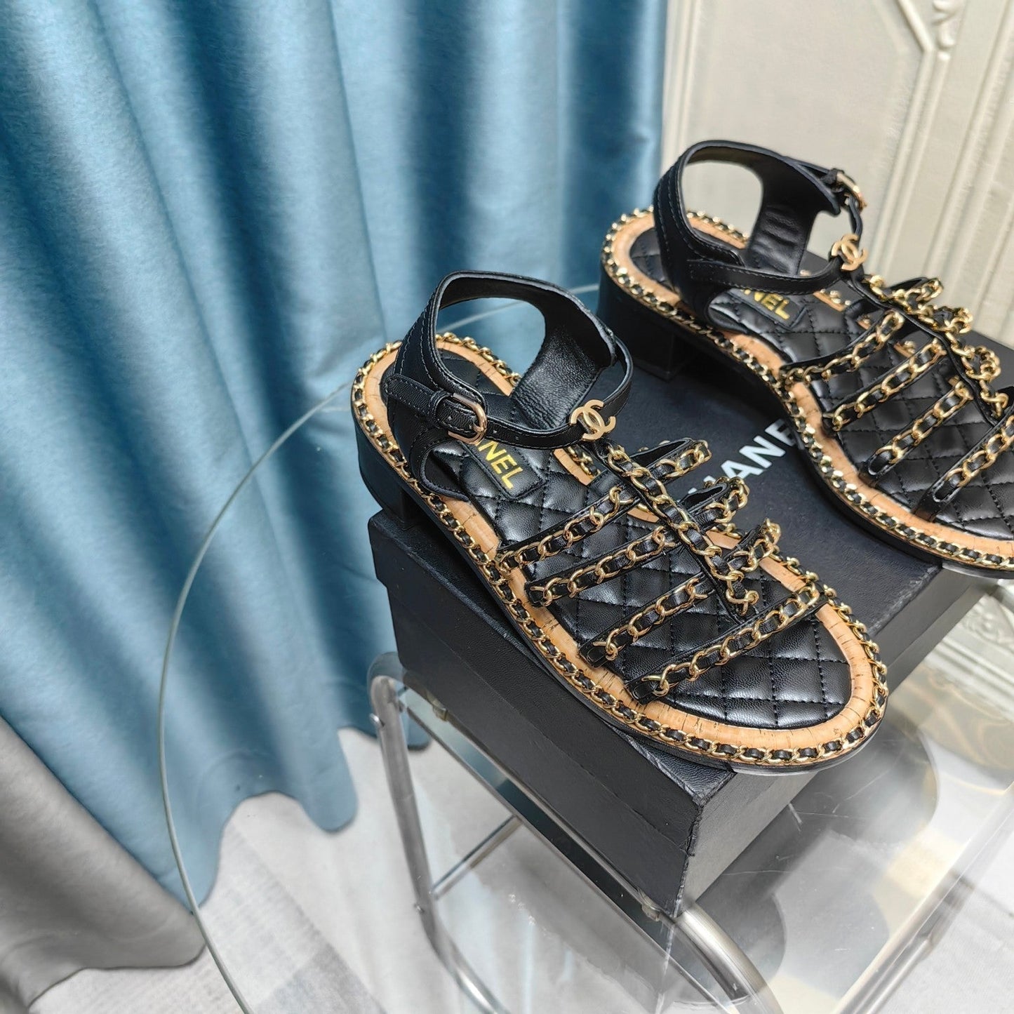 CHANEL HIGH SANDALS WITH THREE STRAPS IN BLACK CALFSKIN