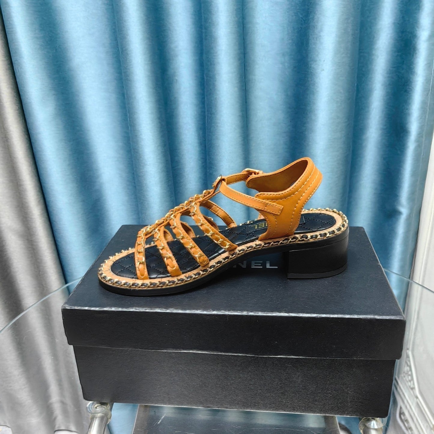 CHANEL HIGH SANDALS WITH THREE STRAPS IN OCHRE YELLOW CALFSKIN