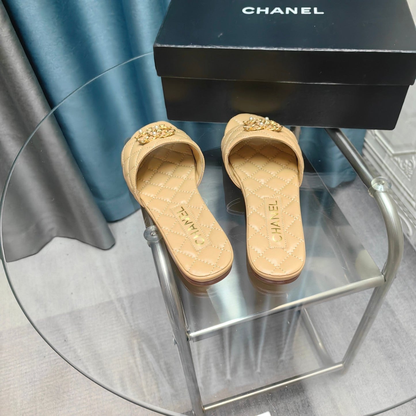 CHANEL QUILTED SLIPPERS BEIGE CREAM SHEEPSKIN