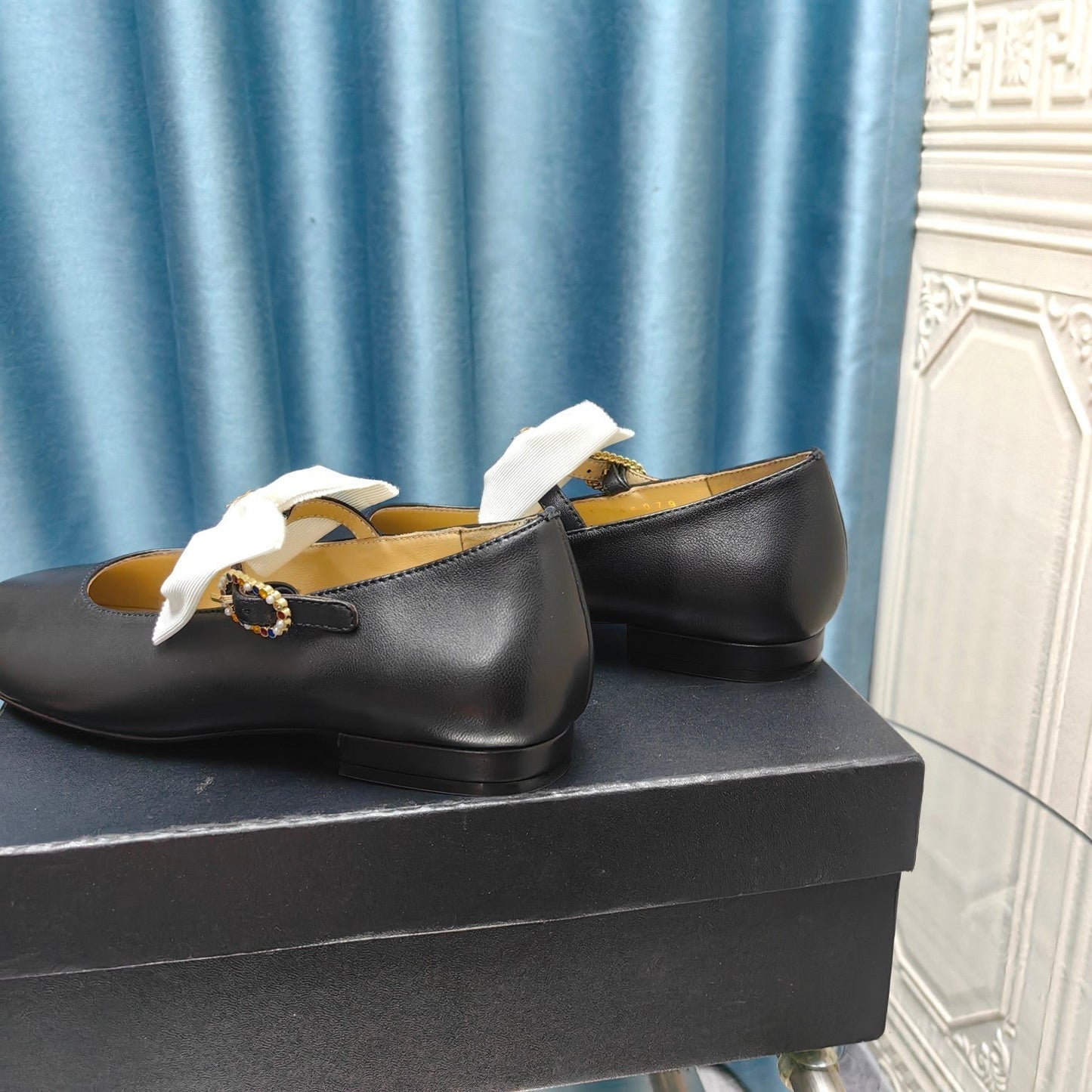 CHANEL MARY JANE SHOES BLACK SHEEPSKIN WITH WHITE BOW